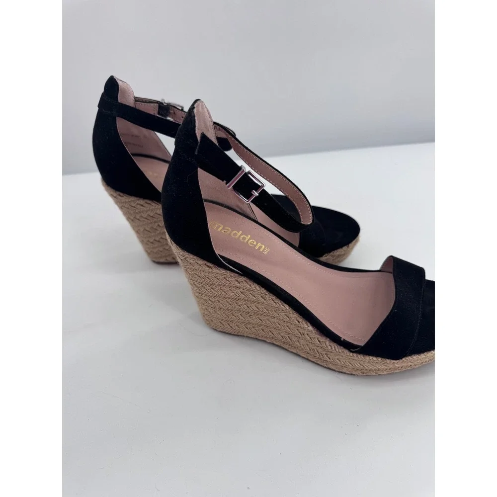 Madden NYC VVENUS Wedge Espadrille Sandals Womens 8.5 Black Ankle Strap VVEN01J1